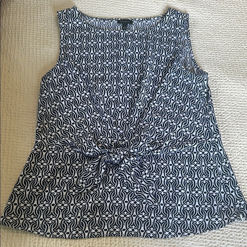 Talbots Navy Blue and White Geometric Blouse
